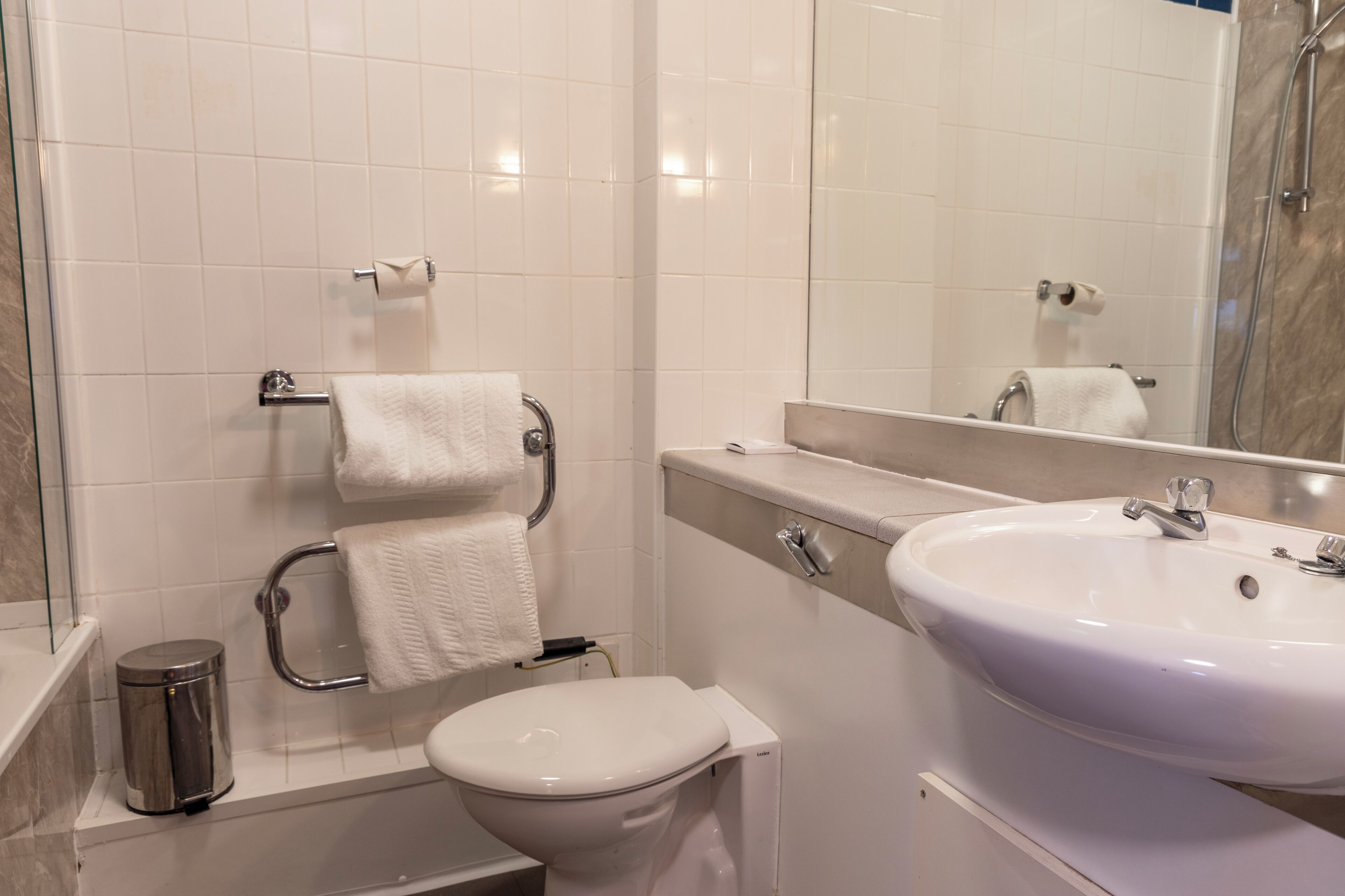 A bathroom with a white toilet, a sink, a mirror, and a shower.