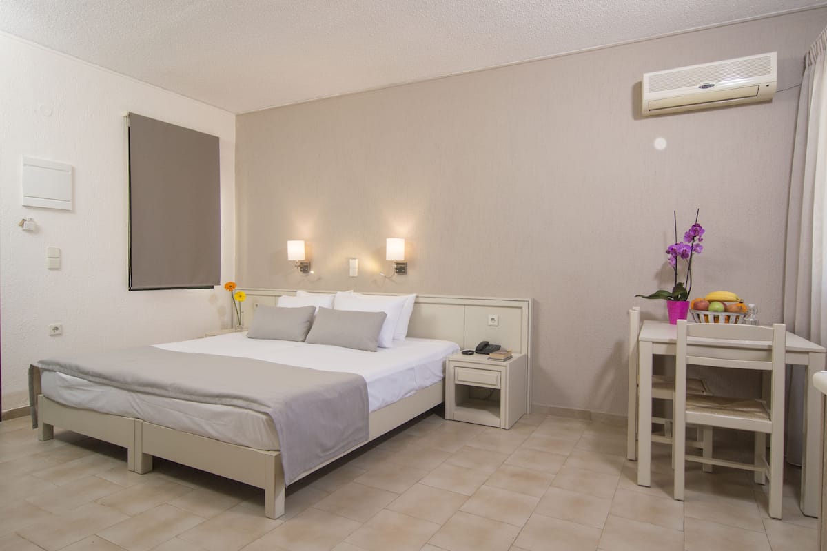 Una habitación de hotel con cama, mesitas de noche, un escritorio y una planta en maceta.