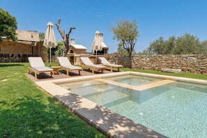 Outdoor pool, pool umbrellas, pool loungers