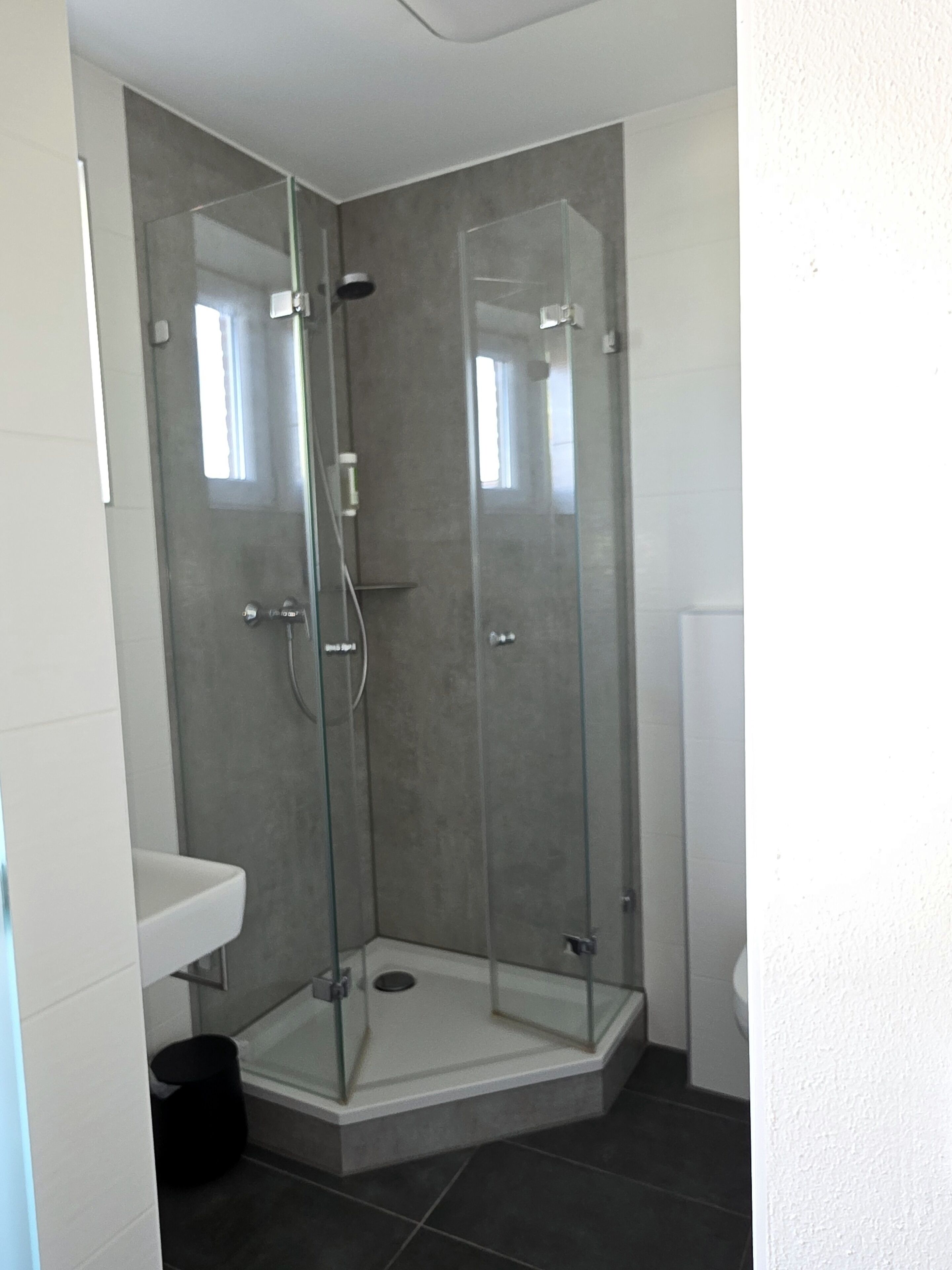 Eine Eckdusche mit Glastüren, ein weißes Waschbecken und eine Toilette.