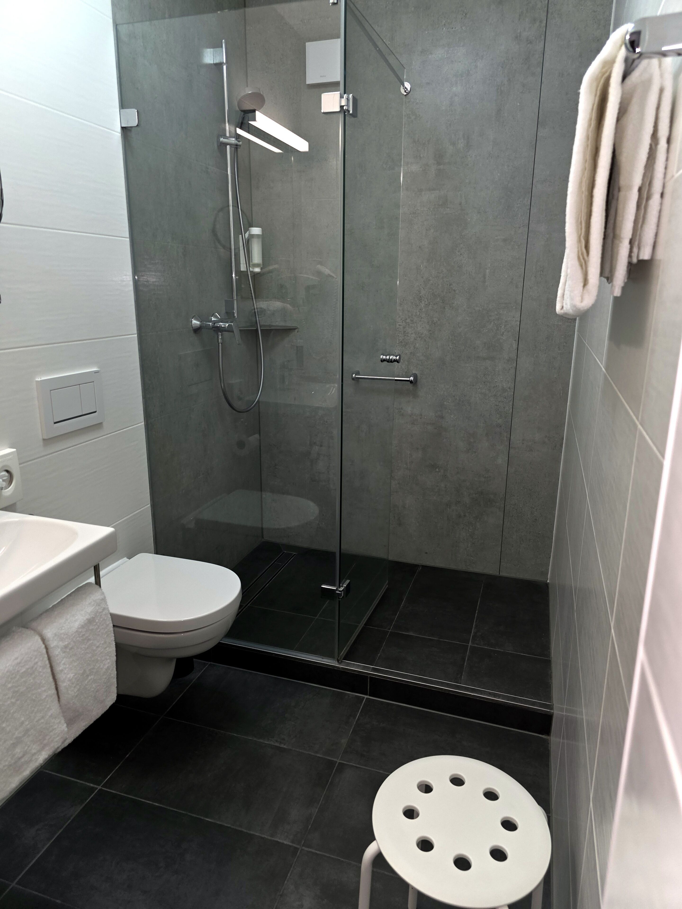 Une salle de bain moderne avec une douche à parois de verre, des toilettes et un lavabo.