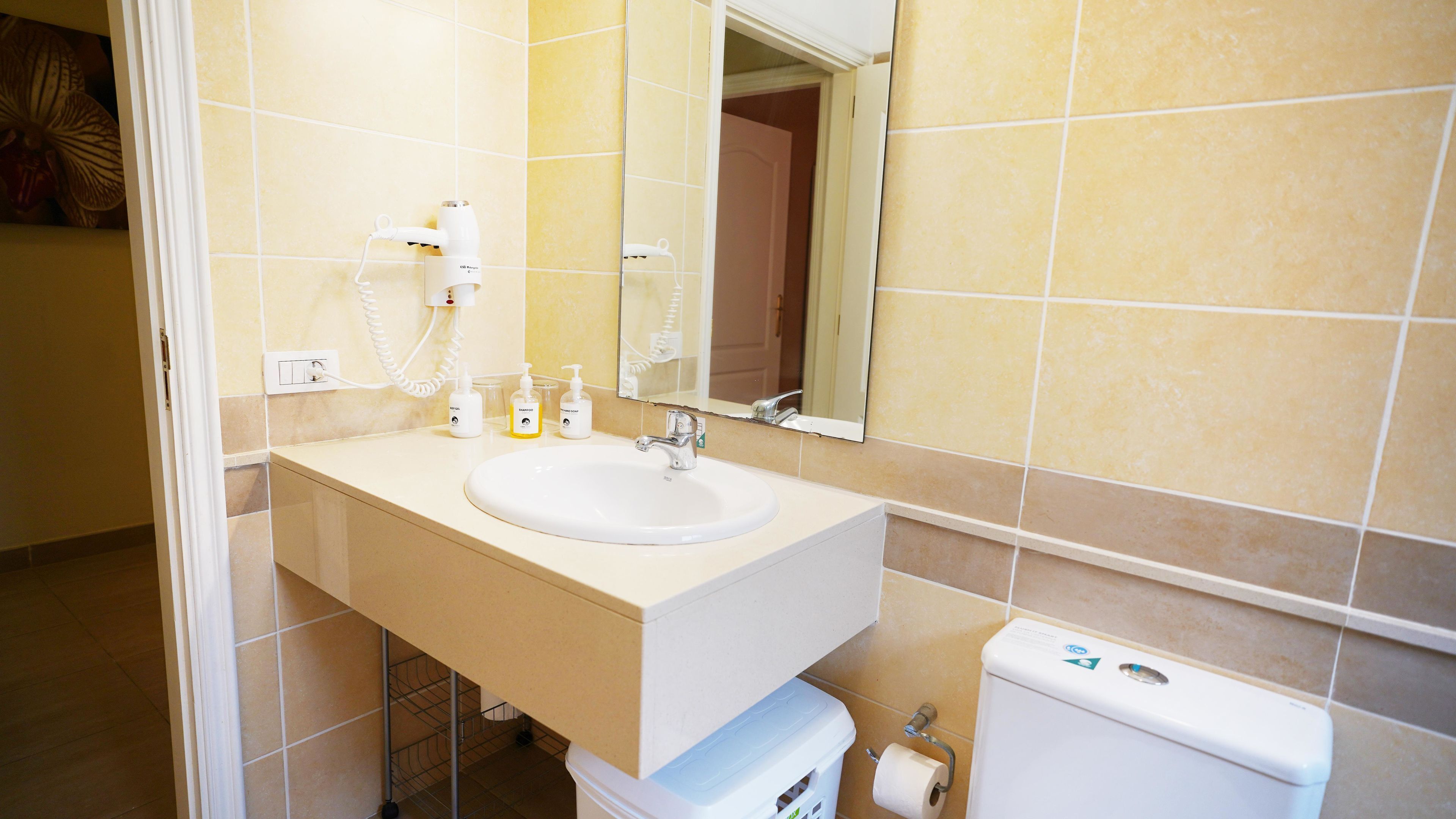 A bathroom with a sink, mirror, toilet, and hairdryer.