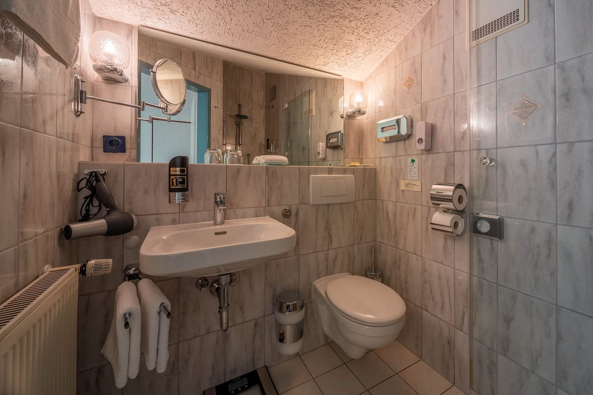 standard double room | bathroom | shower, free toiletries, hair dryer, dressing gowns