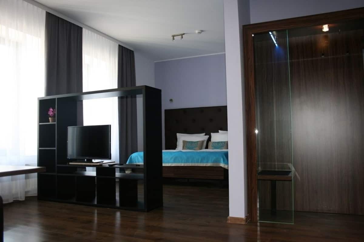 Una habitación de hotel moderna con un televisor de pantalla plana grande, una cama de madera y una puerta de vidrio.
