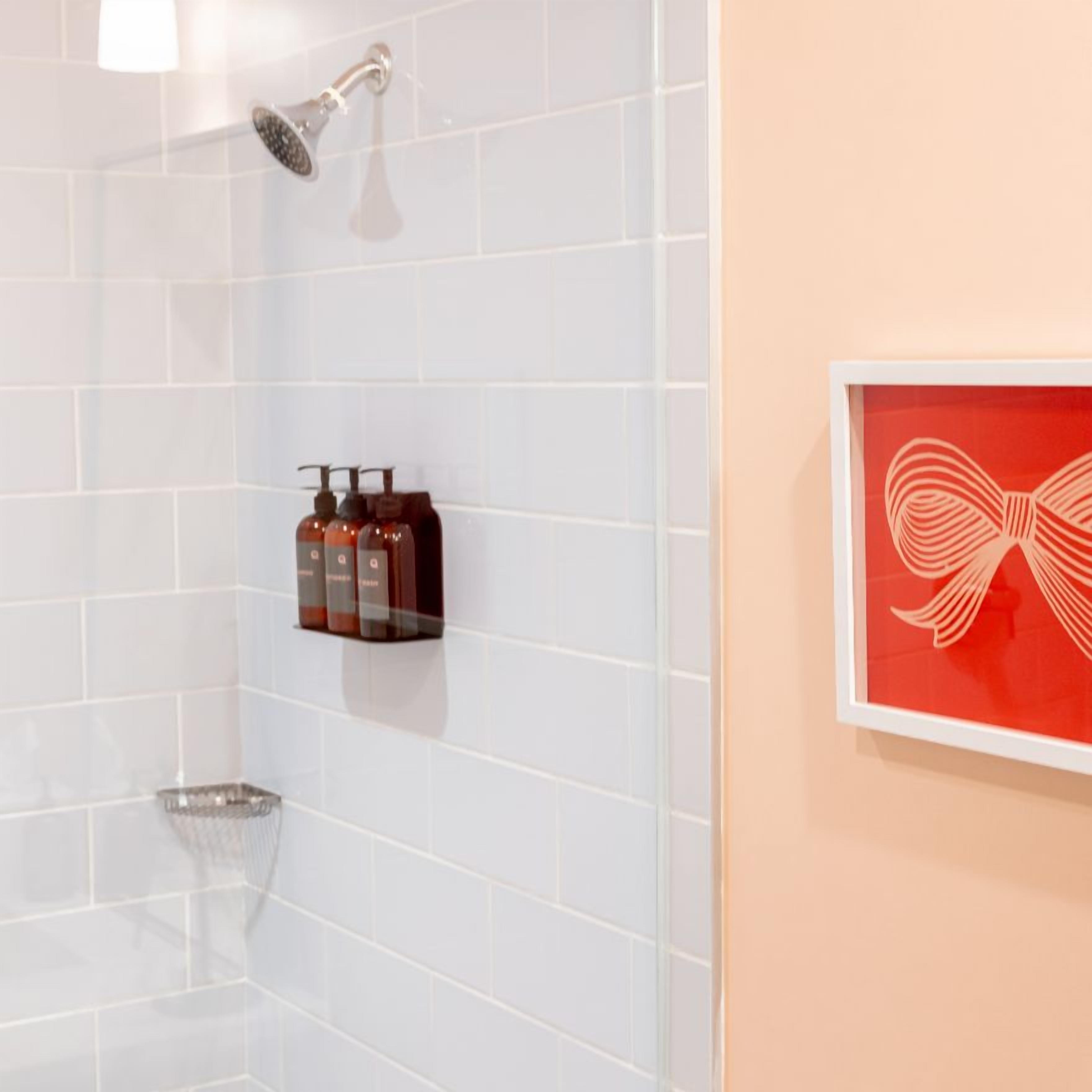 Een badkamer met witte tegels, een douchekop, een zeepdispenser en een ingelijst foto aan de muur.