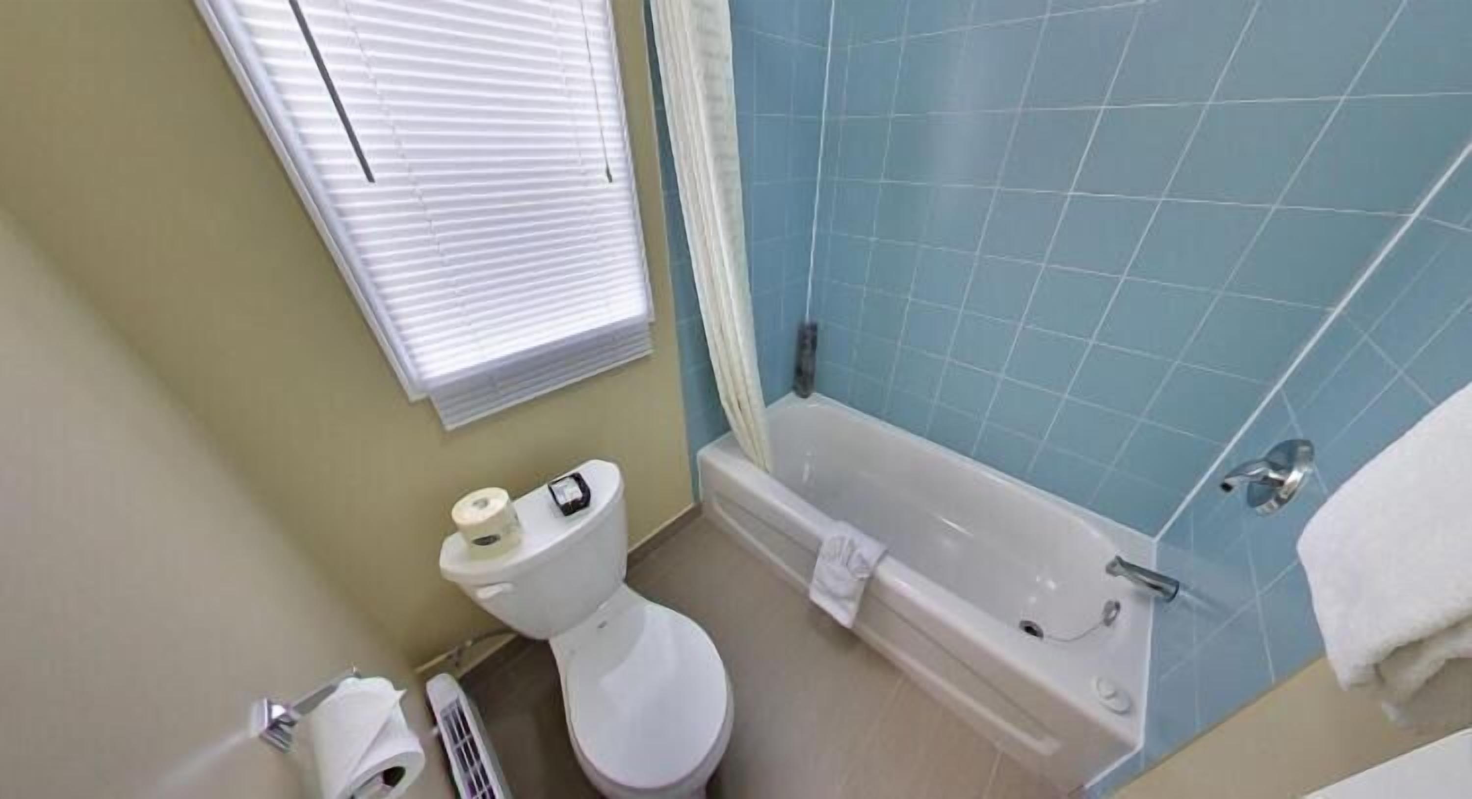 A bathroom with a toilet, a bathtub, and a window with blinds.