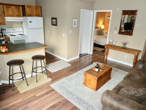 Snowflake Suite, 1 Bedroom, Kitchen and Balcony, Garden View (Double sofa bed in living room) | Living room - Belle Neige Suites- Whistler (Whistler)