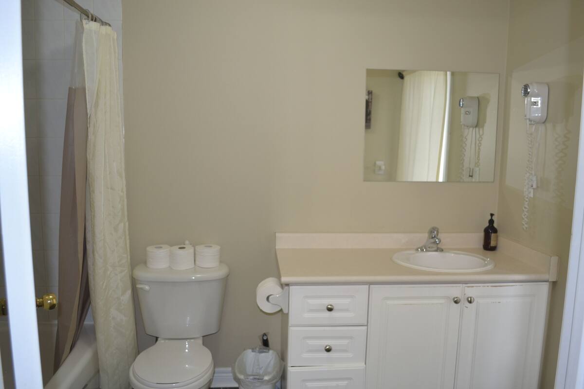 A bathroom with a toilet, sink, mirror, and shower curtain.