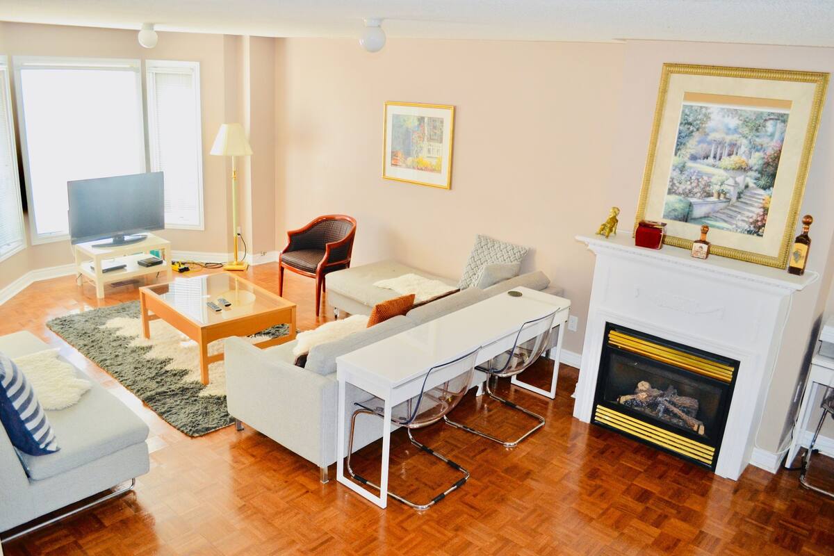 A living room with a sofa, a coffee table, a TV, a fireplace, and a painting on the wall.