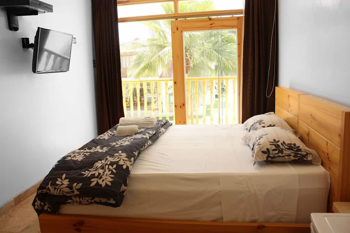 A bedroom with a bed, a TV mounted on the wall, and a balcony with a view of palm trees.