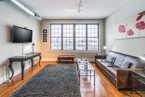 Luxury Apartment, 1 Bedroom, City View, Sea Facing | Living room | Flat-screen TV - Seaport Signal Building by Vacasa (Boston)