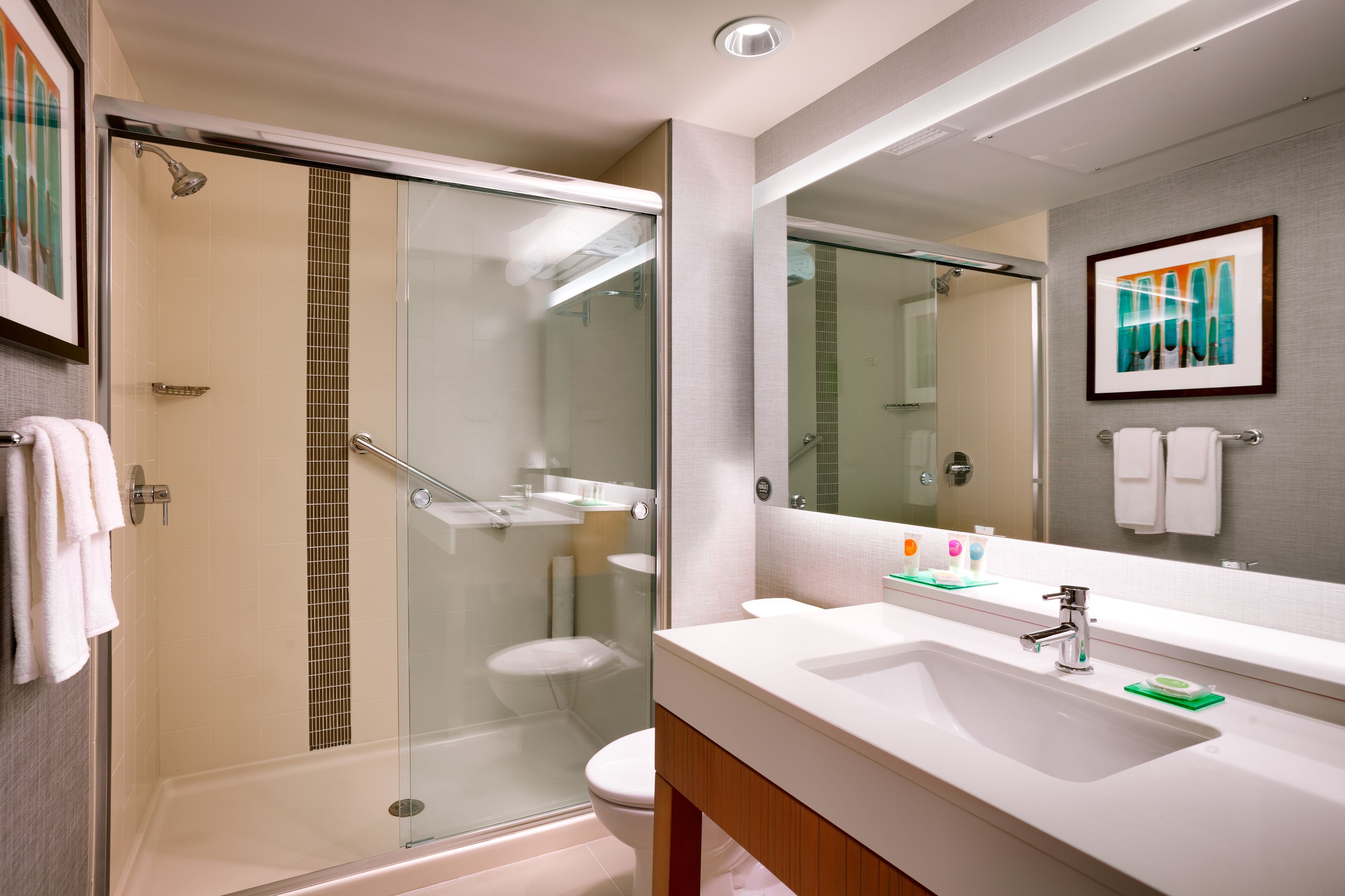 designer toiletries, hair dryer, towels