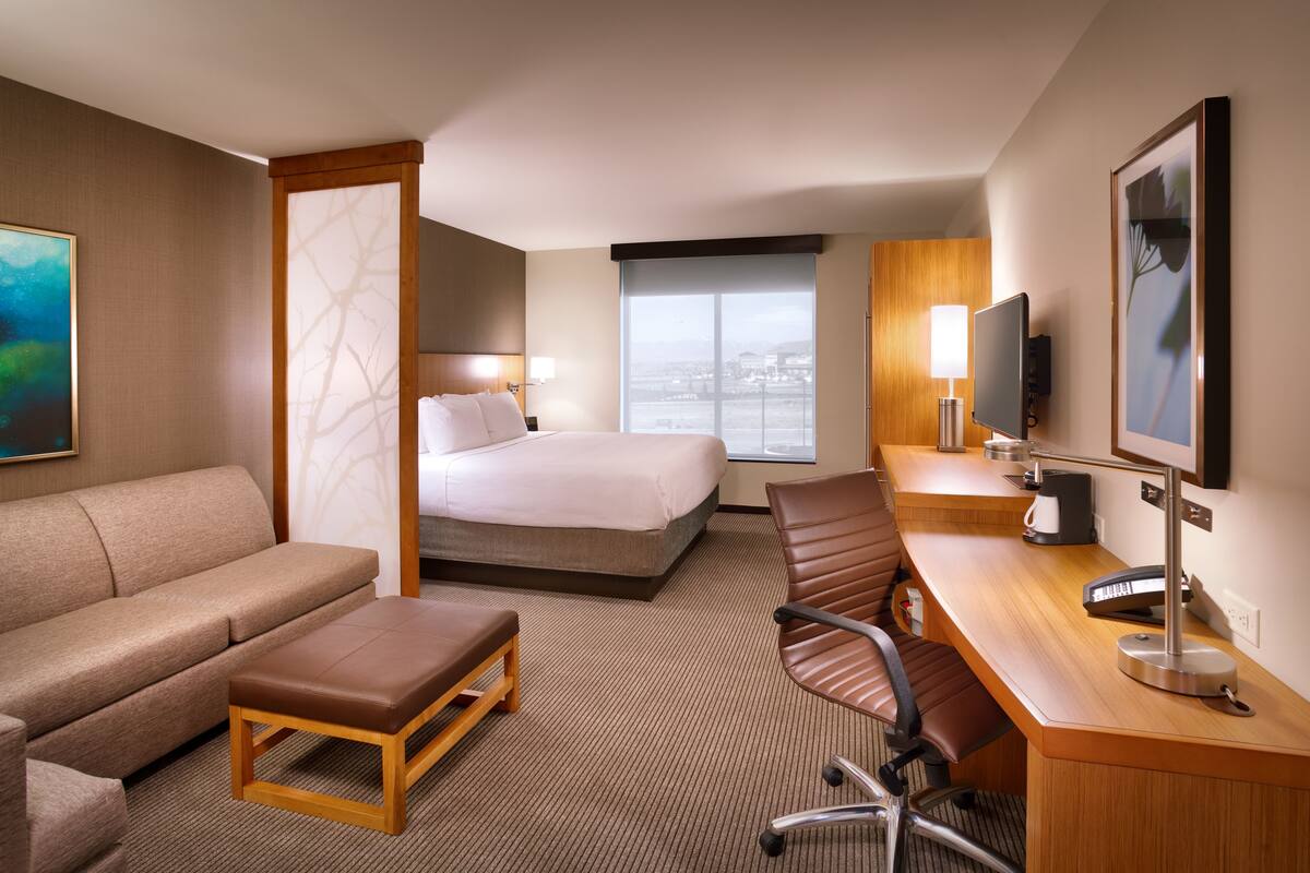 A hotel room with a bed, a sofa, a desk with a TV, and a window with a city view.