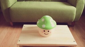 Een groene bank voor een gordijn met een geometrisch patroon, een houten tafel met een voorwerp in de vorm van een paddenstoel erop.