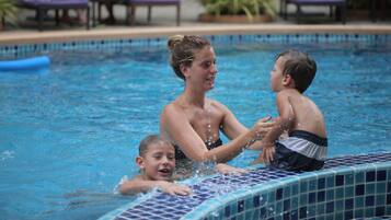 Outdoor pool, open 8:00 AM to 8:00 PM, sun loungers