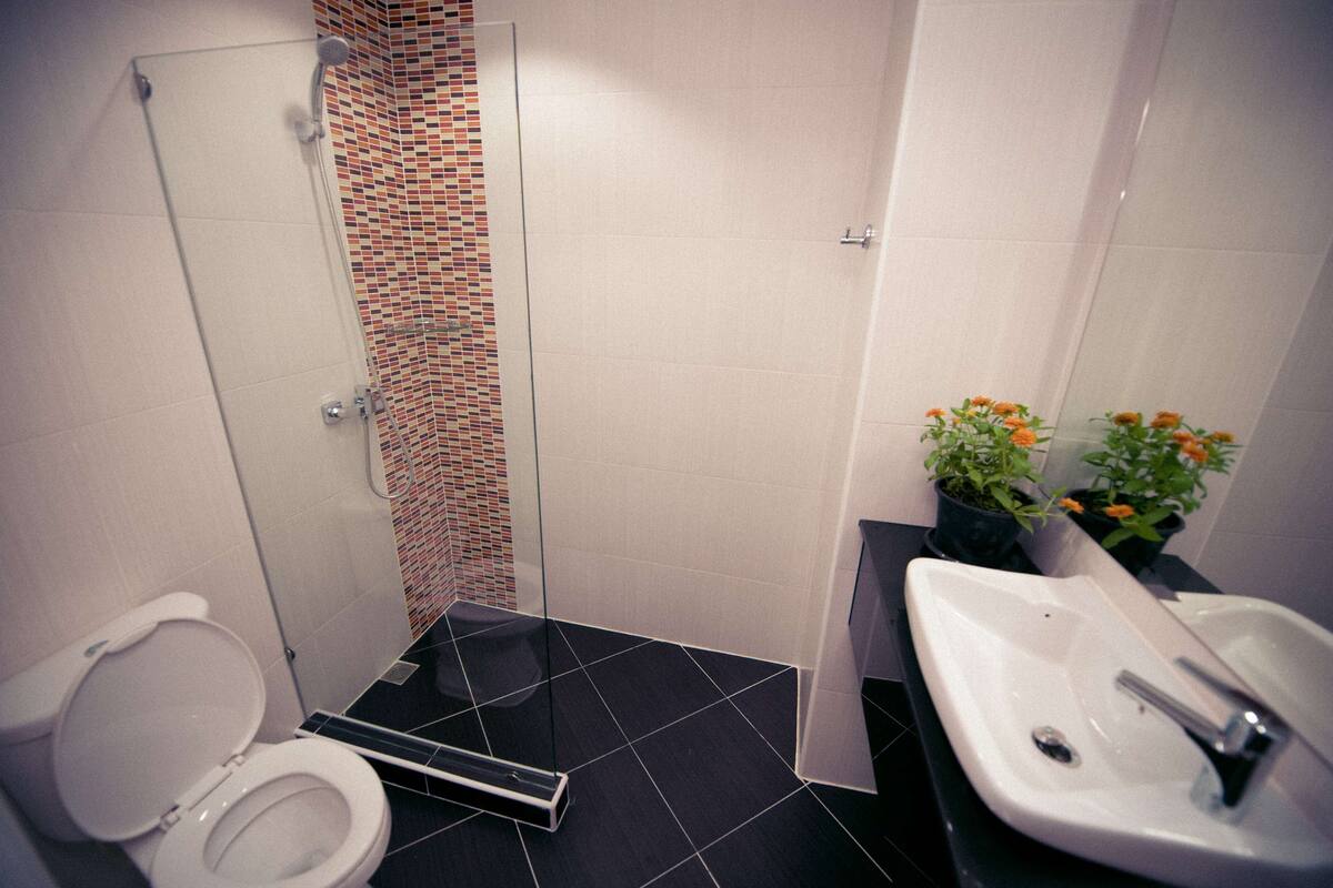 shower, free toiletries, hair dryer, towels