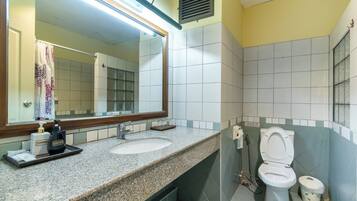 Une salle de bain avec un comptoir en granit, un lavabo, un miroir, des toilettes et un espace douche.