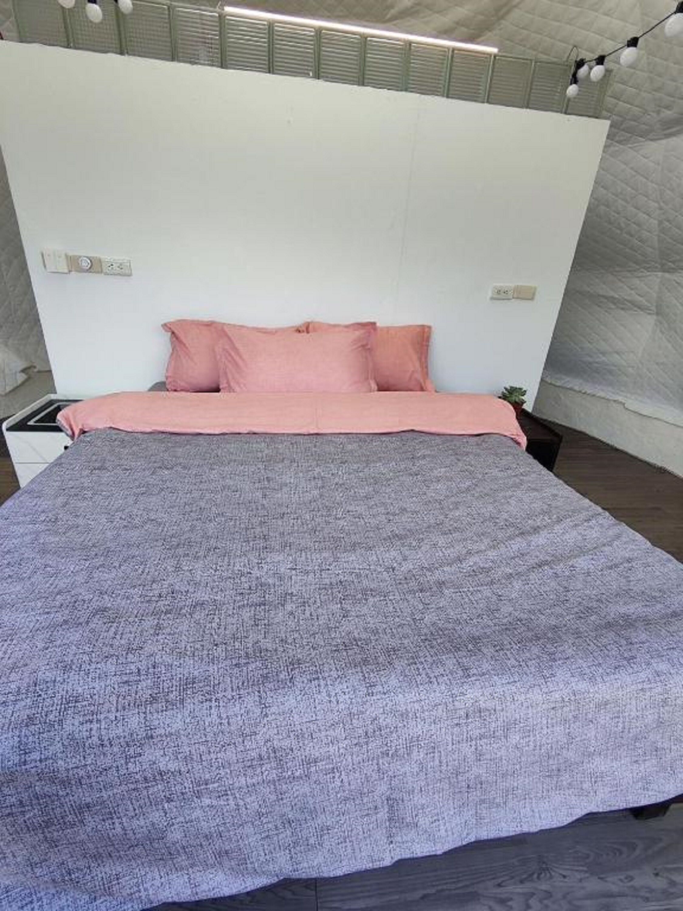 Un dormitorio moderno con una cama grande, una mesita de noche y una planta pequeña.