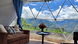 Una habitació acollidora amb un sofà marró, una taula petita amb un ram de flors i vista a les muntanyes a través d'una finestra gran.
