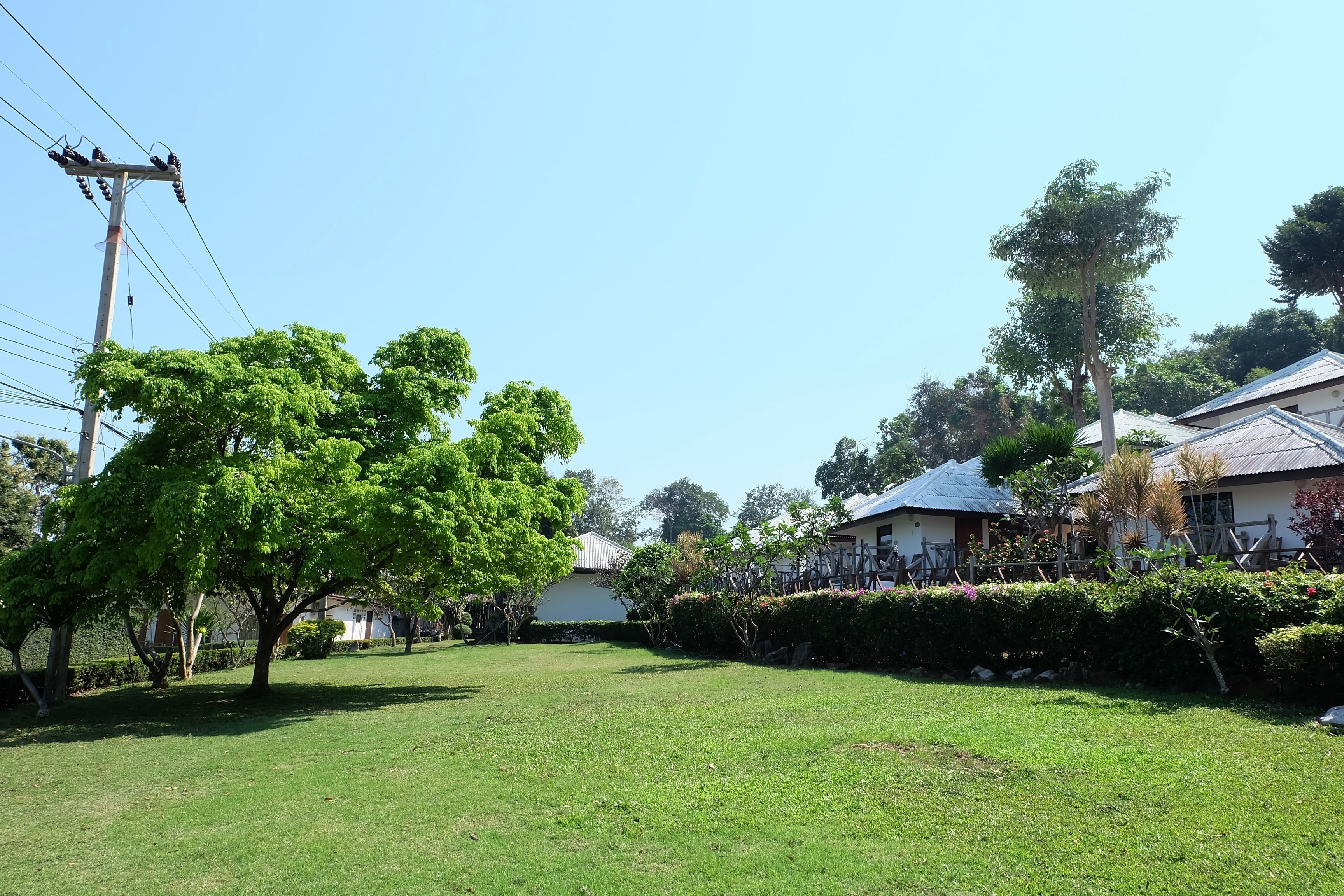 Zona residencial con césped, árboles y casas de techos inclinados.