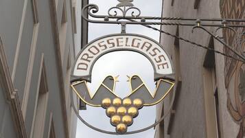 A sign with the text 'DROSELGASSE' and a grape cluster design.