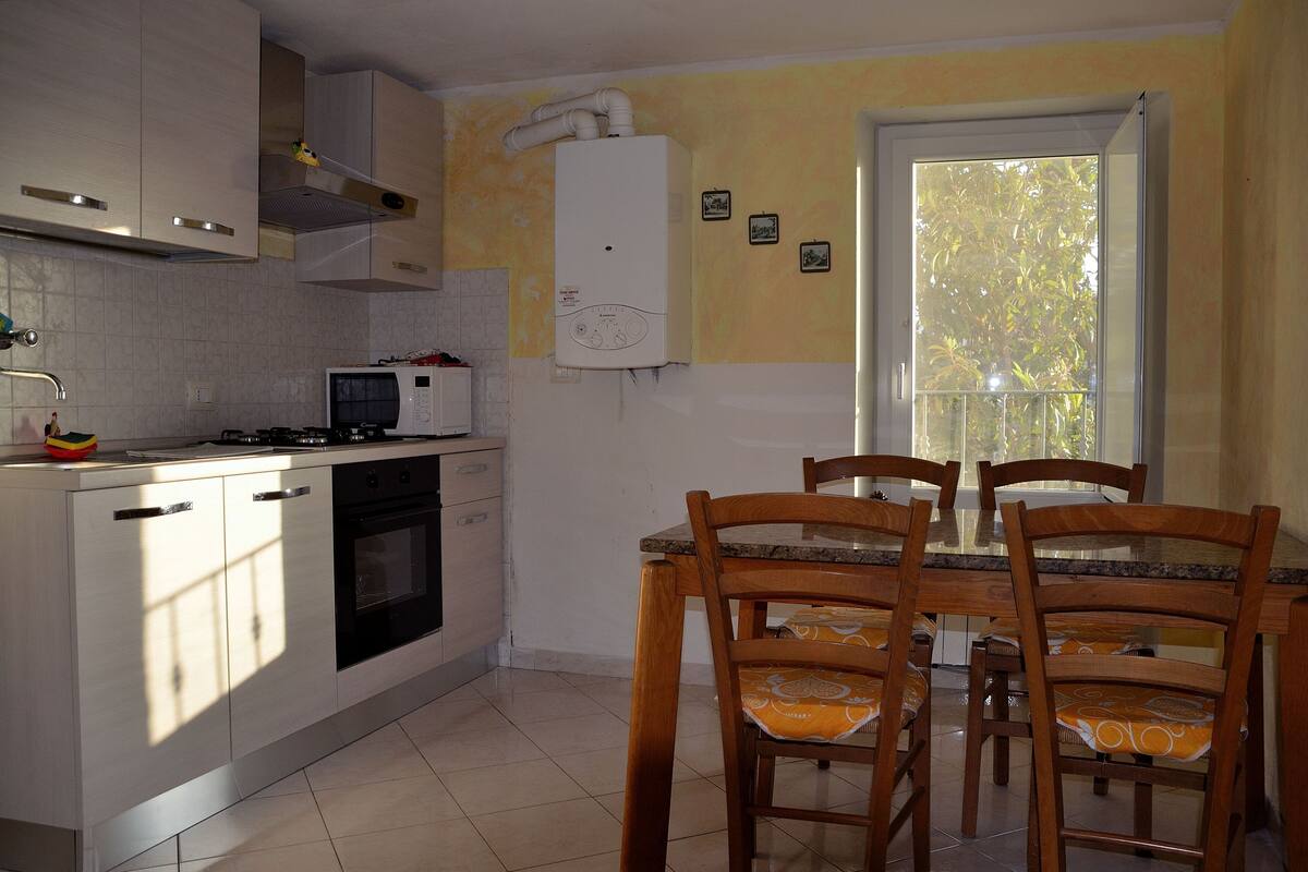 A kitchen with a stove, microwave, and a water heater. There is a dining table with chairs and a window with a view of trees.