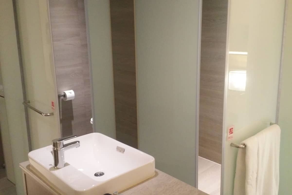 eco-friendly toiletries, hair dryer, slippers, towels