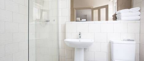 A modern bathroom with a glass shower enclosure, a pedestal sink, and a toilet.