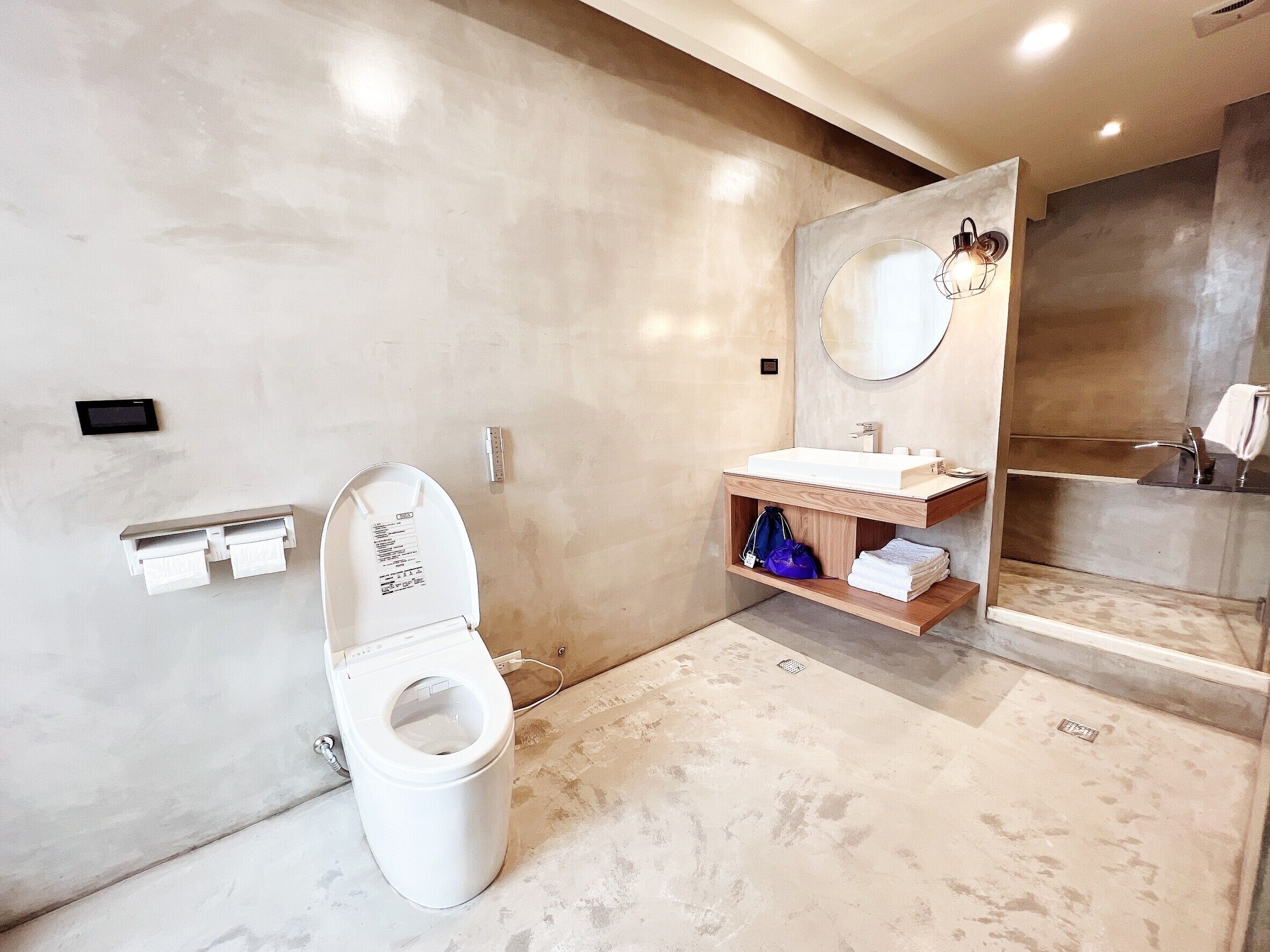 A modern bathroom with a toilet, a sink, and a mirror.