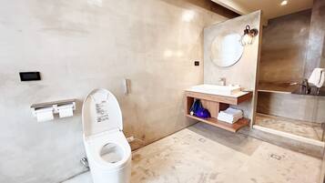 A modern bathroom with a toilet, a sink, and a mirror.