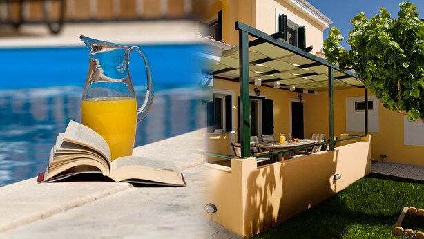Zona junto a la piscina con un libro, una jarra de jugo y un patio con mobiliario exterior.