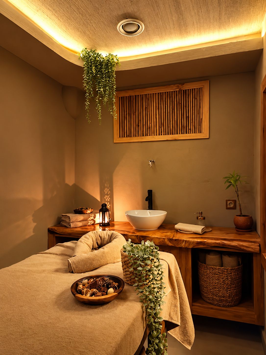 A spa room with a wooden vanity, a bowl sink, a massage table, and a hanging plant.