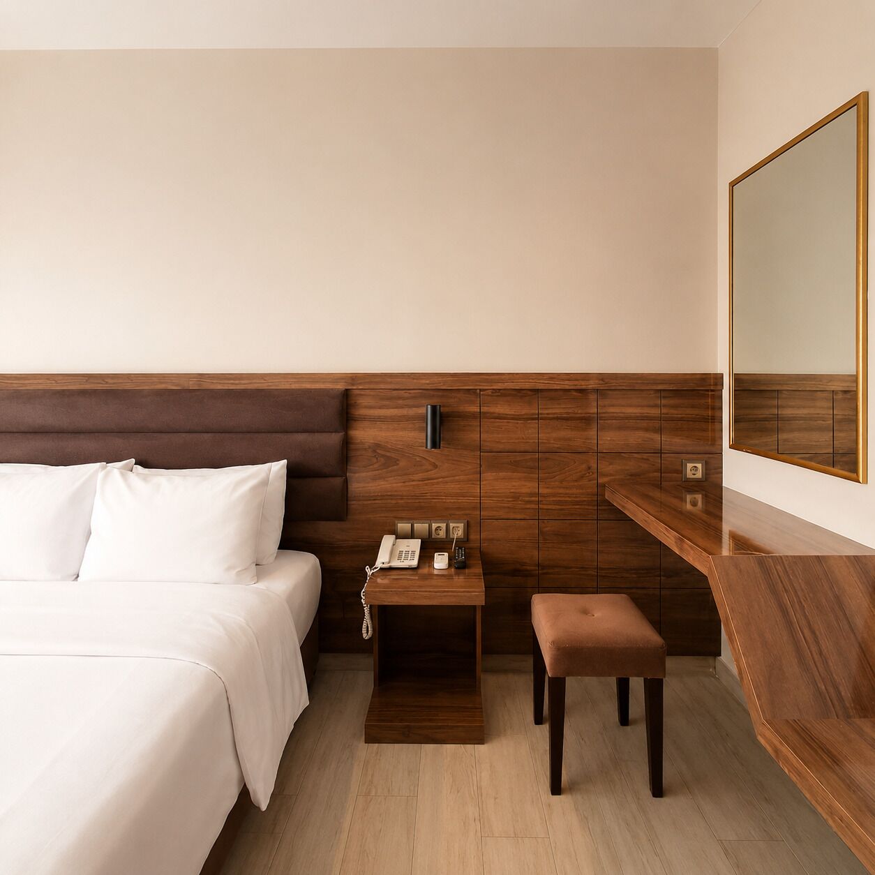 Premium bedding, desk, laptop workspace, cribs/infant beds