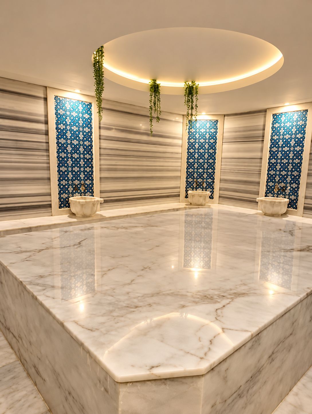 Une salle de bain spacieuse et moderne, dotée d’un grand lavabo en marbre, de panneaux muraux décoratifs et de plantes suspendues.
