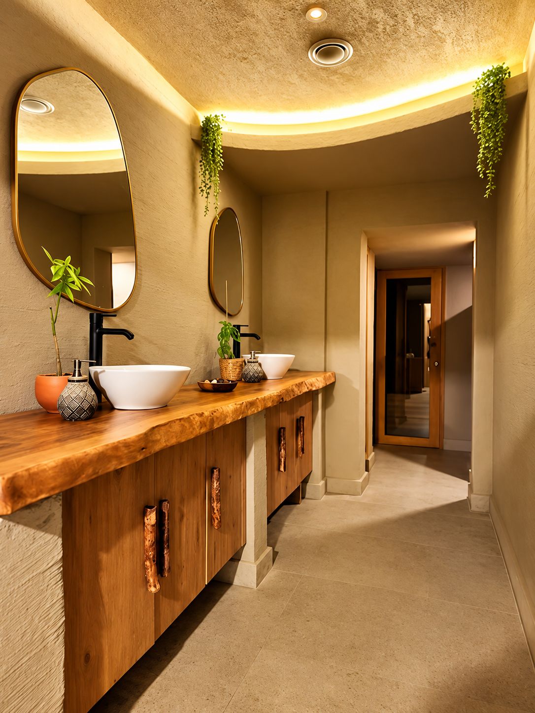 A bathroom with a wooden vanity, two sinks, a large mirror, and a plant.
