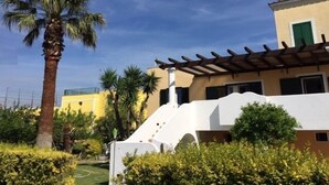 A residential area with a white building, a palm tree, and a pergola. - Il Leone di Mare (Procida)