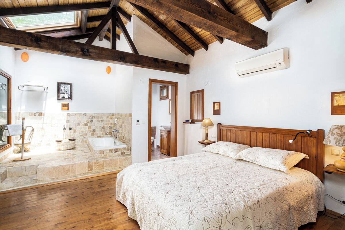 A bedroom with a wooden bed, a bathroom with a bathtub, and a skylight.