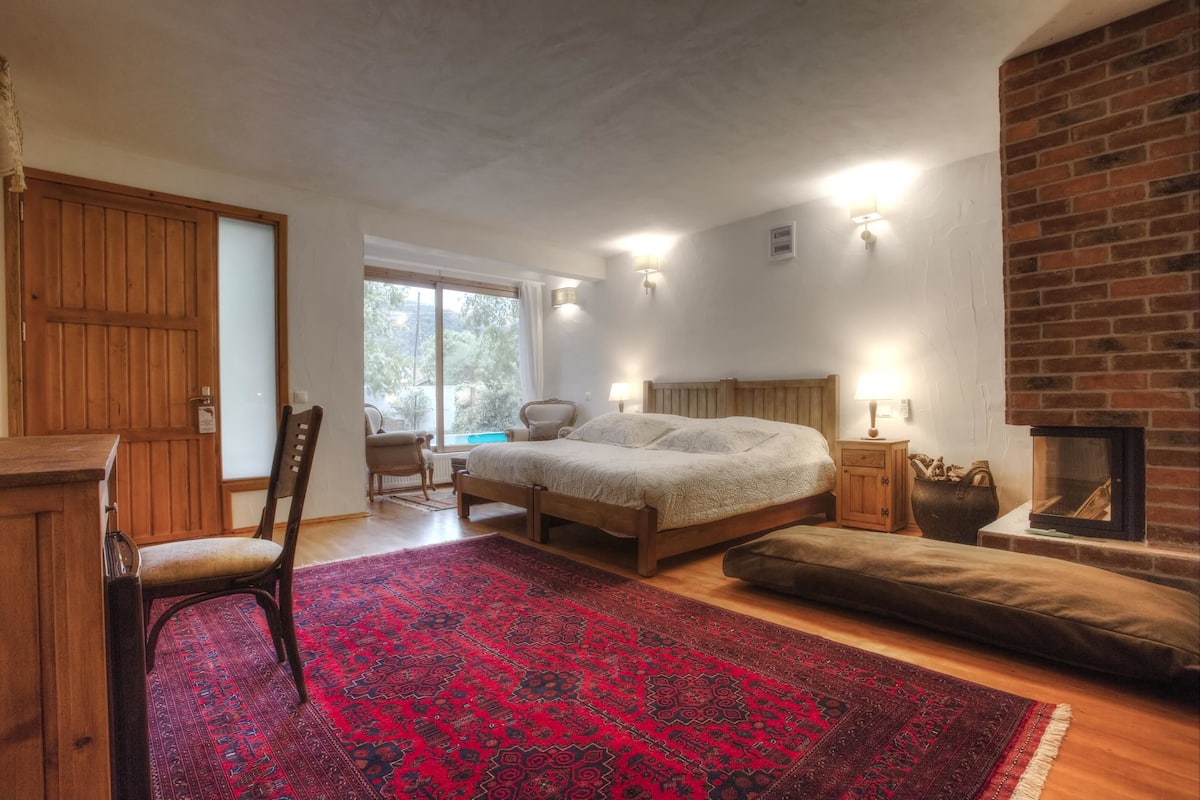 A bedroom with a bed, a wooden chair, a red patterned rug, a fireplace, and a view of the outdoors.