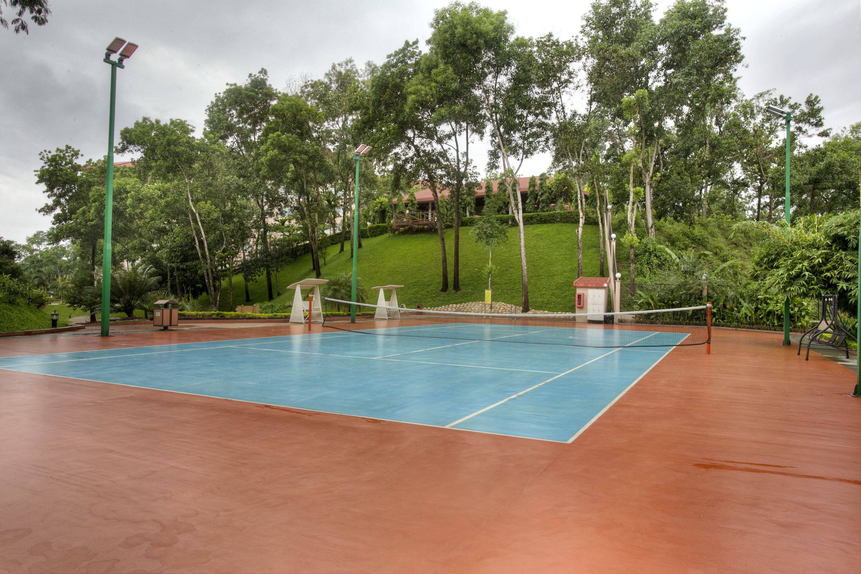 Cancha de tenis exterior con red, rodeada de árboles y una valla verde.