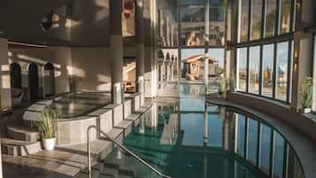 Indoor pool, outdoor pool, sun loungers