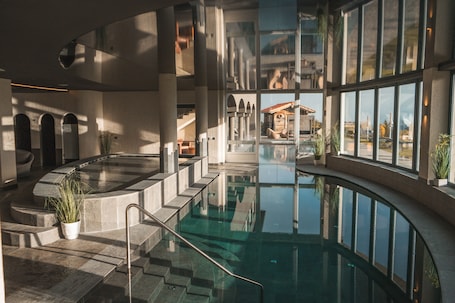 Indoor pool, outdoor pool, sun loungers