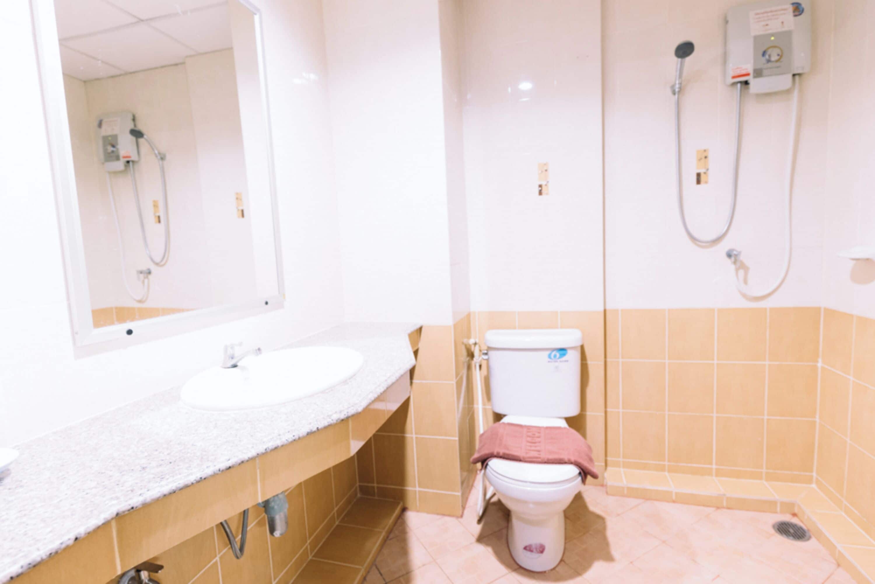 A bathroom with a white sink, a toilet, and a shower.