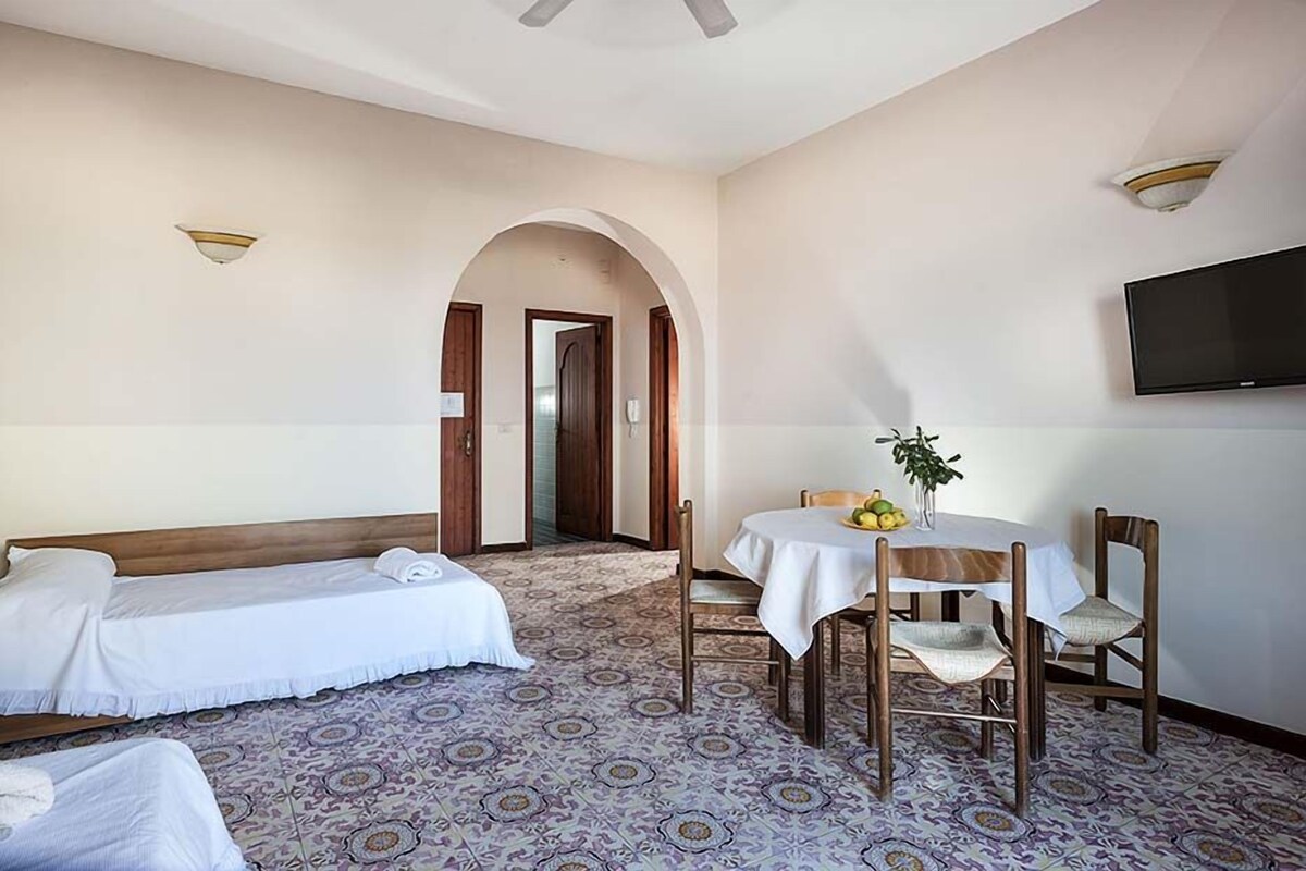 Une chambre d’hôtel avec deux lits simples, une table à manger avec des chaises, un téléviseur fixé au mur et une moquette à motifs.