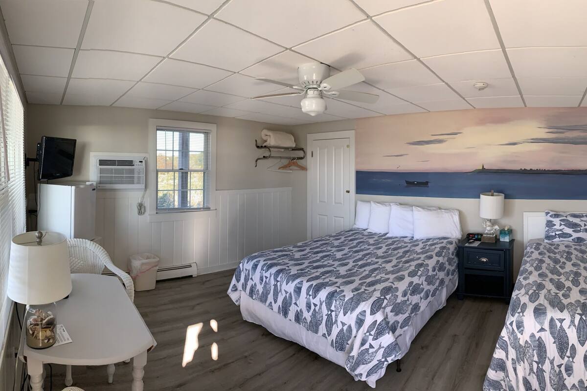 A bedroom with two beds, a ceiling fan, a TV, a heater, and a window with blinds.