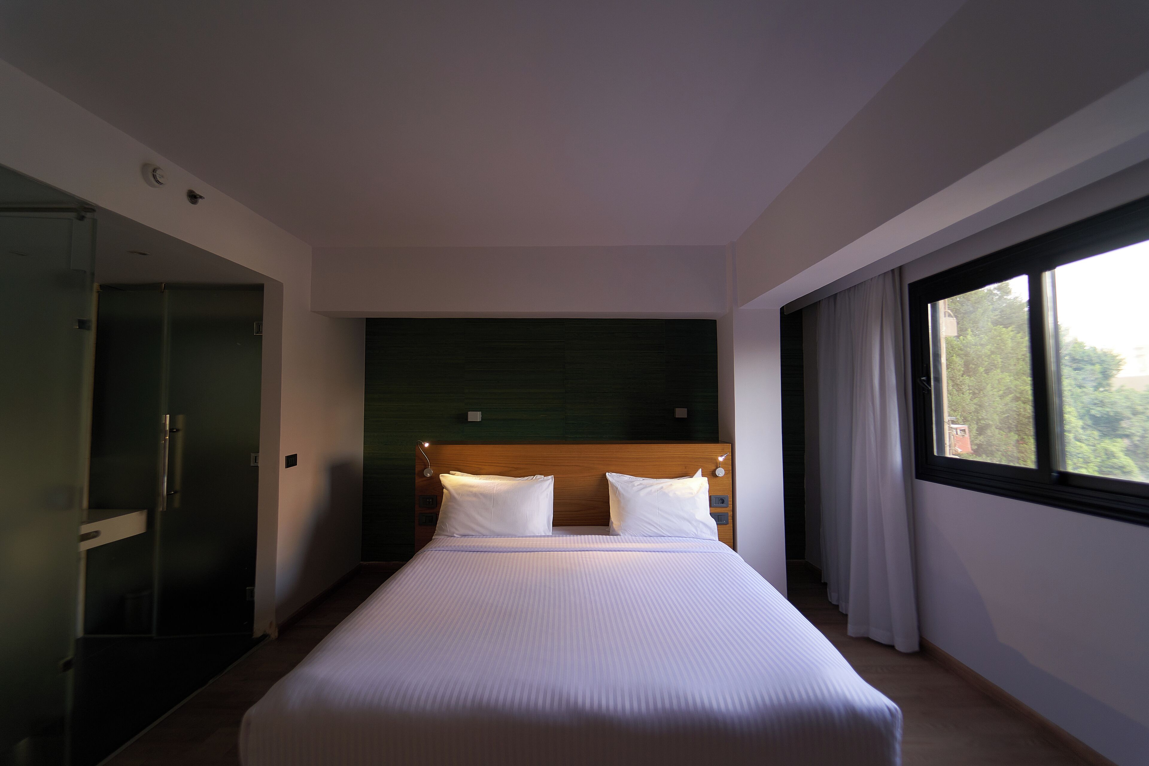 A modern hotel room with a large bed, a wooden headboard, a glass shower enclosure, and a view of greenery through the window.