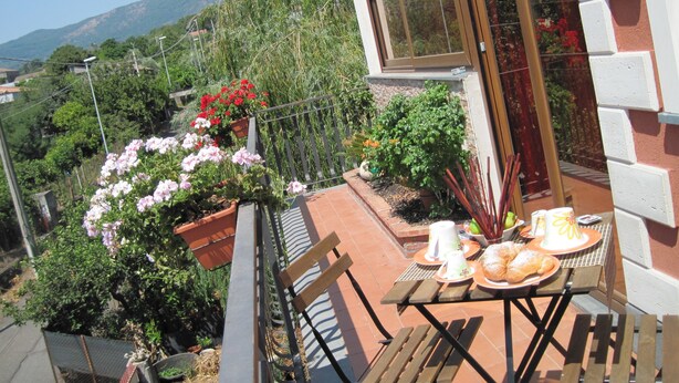 A balcony with a table set for breakfast, surrounded by potted plants and flowers. - B&B Anthea dell'Etna (Santa Venerina)