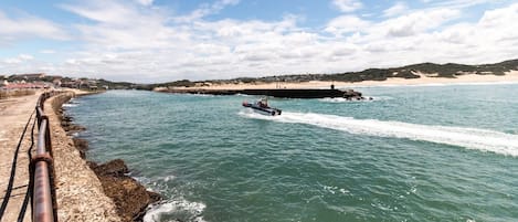 A coastal scene with a jet ski on the water, a concrete walkway, and a distant shoreline with buildings.