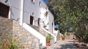 Un estrecho sendero adoquinado que conduce a un edificio blanco, con un muro de piedra a un lado y un árbol al otro.