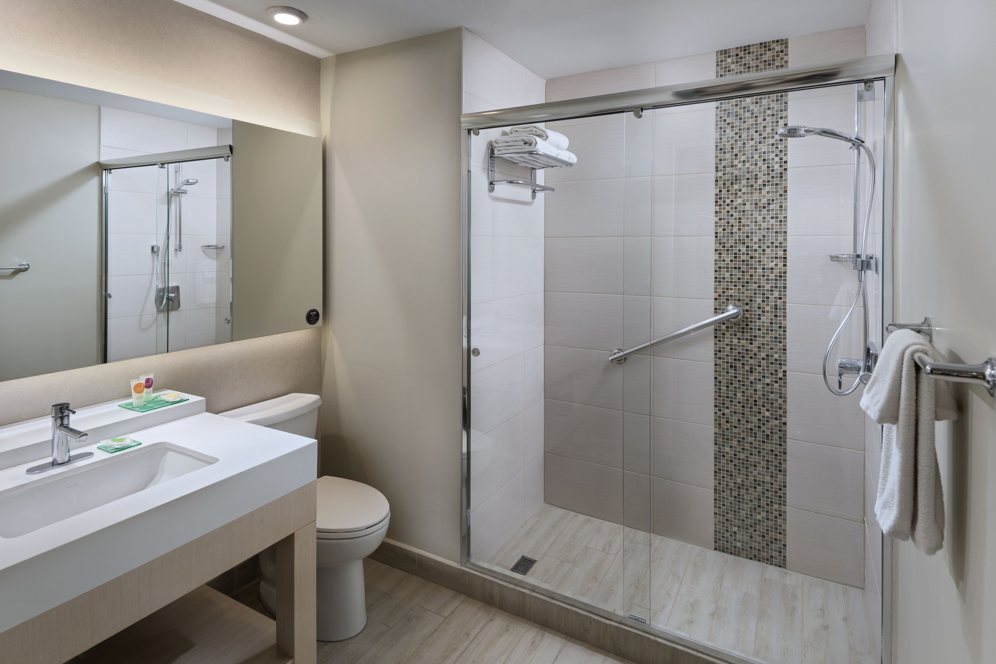 Un baño moderno con ducha de vidrio, un lavamanos blanco con espejo y un inodoro.