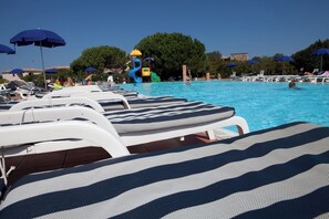 Seasonal outdoor pool, pool loungers